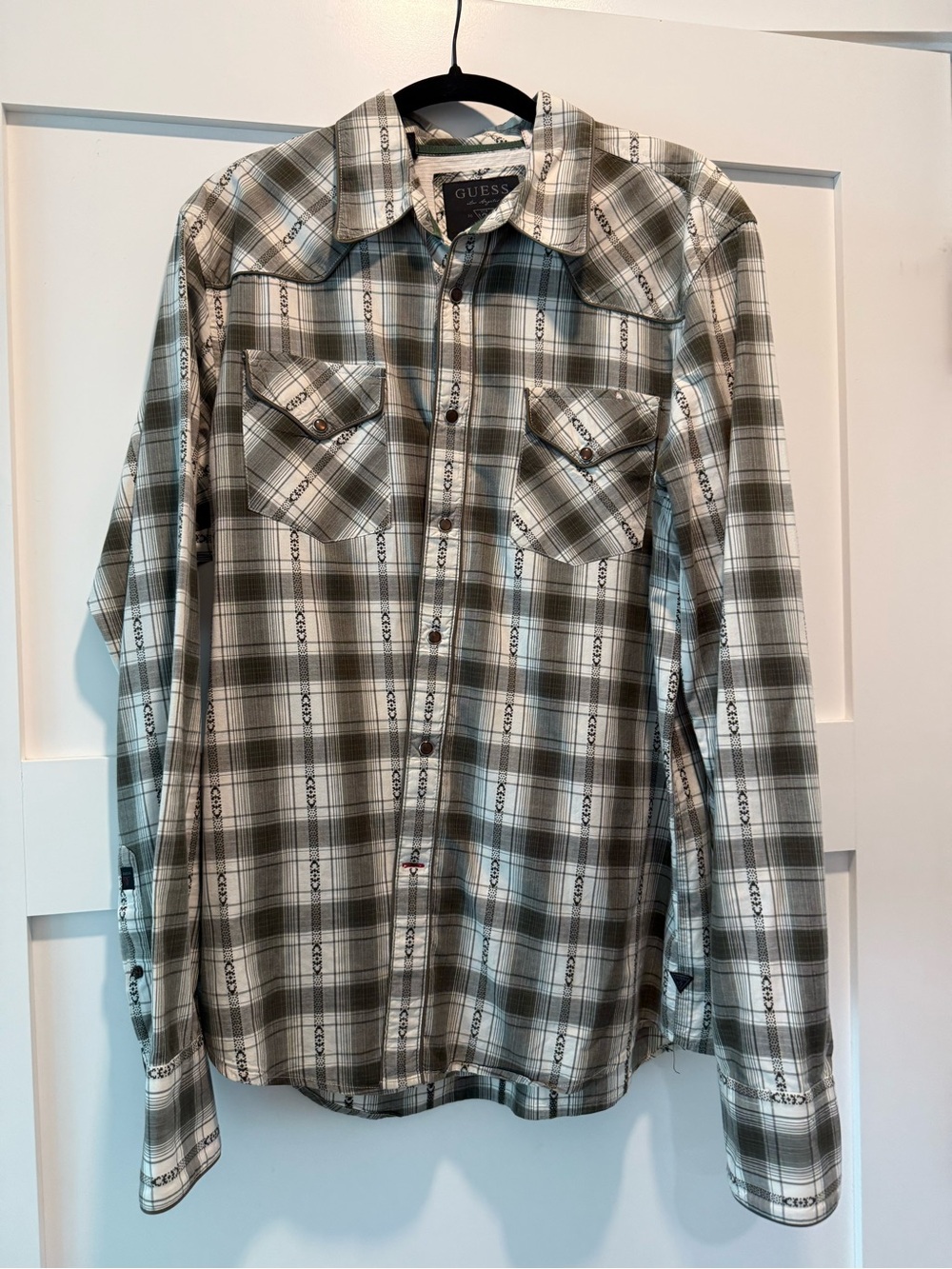 GUESS Men's Olive & White Plaid Western Button-Down Shirt